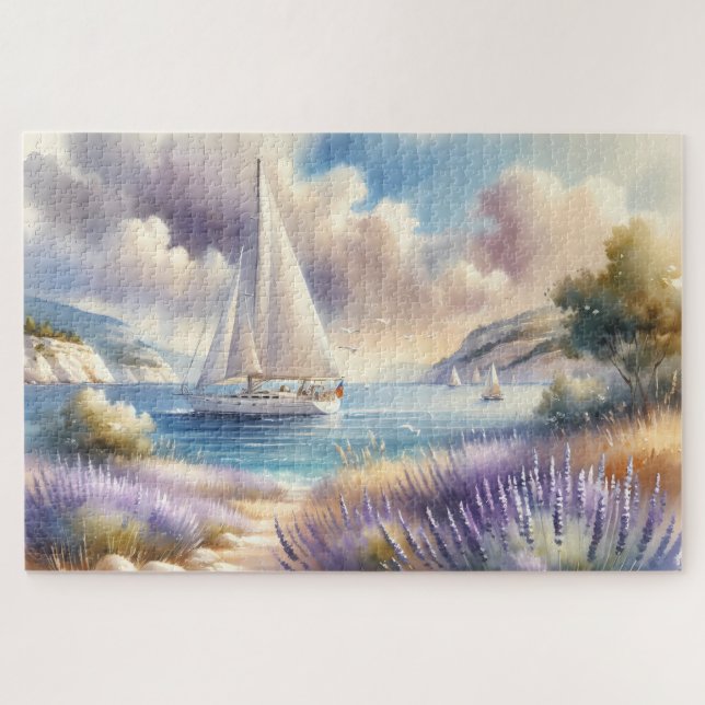 Lavender Coast Sailboat Wasserfarbe Szene (Horizontal)