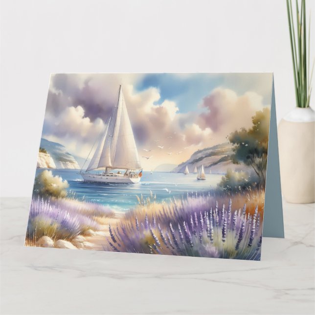 Lavender Coast Sailboat Wasserfarbe Szene Karte (Vorderseite)