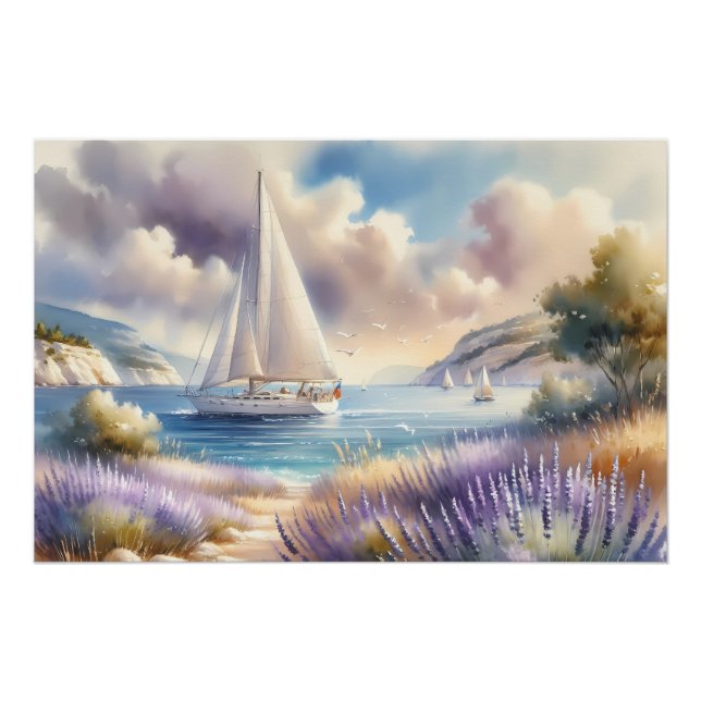 Lavender Coast Sailboat Wasserfarbe Szene Poster (Vorderseite)