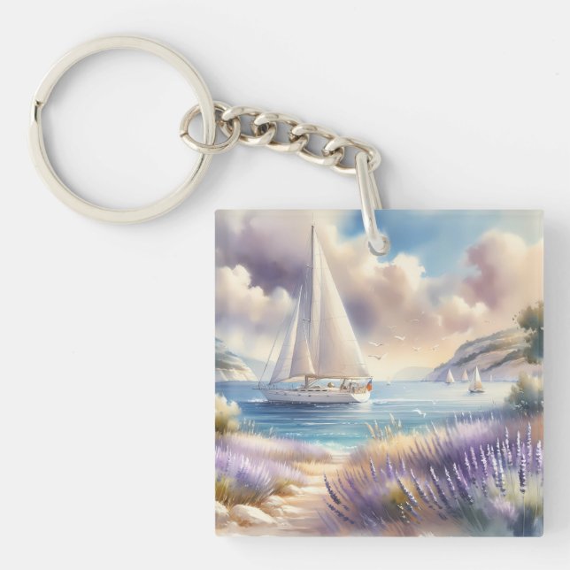 Lavender Coast Sailboat Wasserfarbe Szene Schlüsselanhänger (Vorderseite)