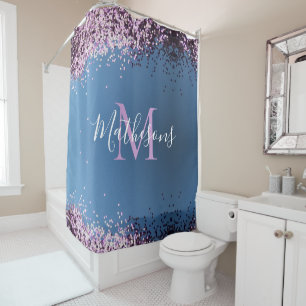 Lavender Confetti auf Blue Monogram Name Duschvorhang