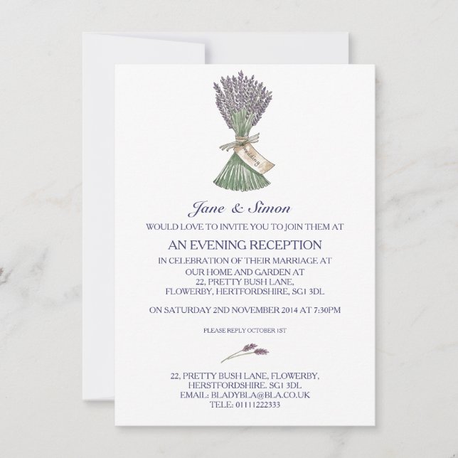 Lavender Country Garden Wedding Abend Einladung (Vorderseite)