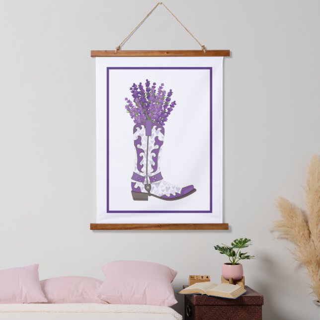 Lavender Cowboy Boot Wandteppich Mit Holzrahmen (Schlafzimmer)