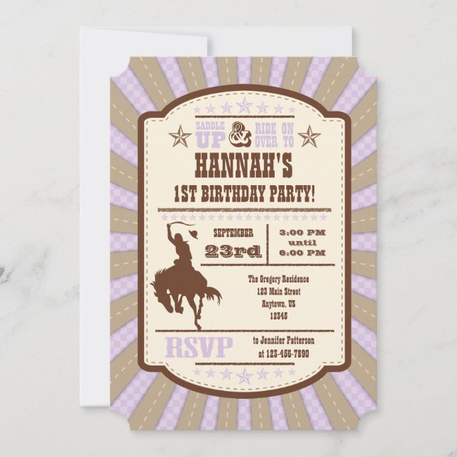 Lavender Cowboy Rodeo Anniversaire Fête Invitation (Devant)