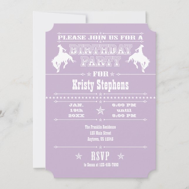Lavender Cowboy Rodeo Anniversaire Fête Invitation (Devant)