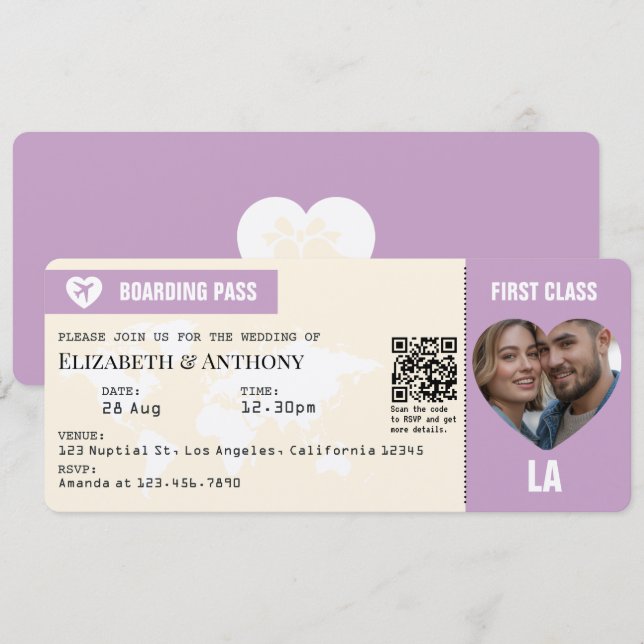 Lavender & Cream Boarding Pass Wedding Einladung (Vorne/Hinten)