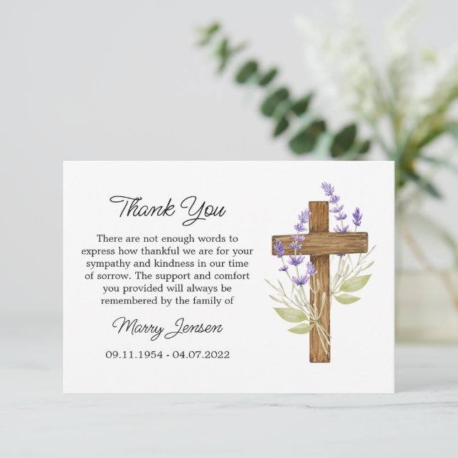 Lavender Cross Sympathy Thank You Card Dankeskarte (Stehend Vorderseite)