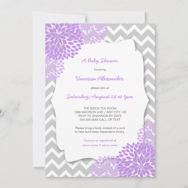 Lavender Dahlia Baby shower invitations / gris pou (Devant)