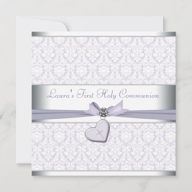 Lavender Damask Cross Girls Lila erste Kommune Einladung (Vorderseite)
