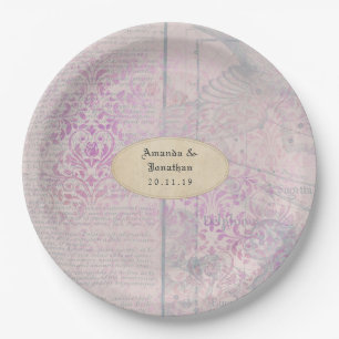 Lavender Decoupage Damask Wedding Pappteller