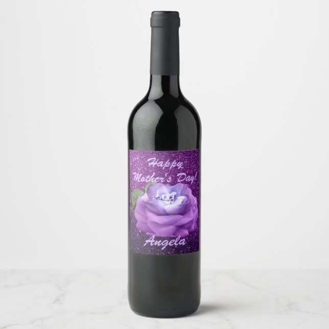 Lavender Diamond Rose Lila Imitate Glitzer Weinetikett (Vorderseite)