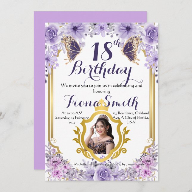 Lavender Dream Floral Birthday Invitation Card (Devant / Derrière)