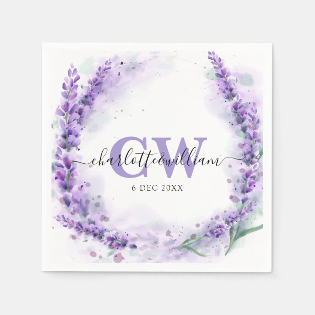Lavender Elegant Watercolor Monogram Wedding Serviette (Vorderseite)