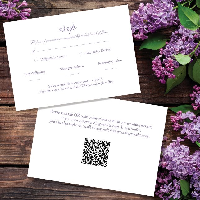 Lavender Elegante Script Wedding RSVP mit QR Code Karte (Von Creator hochgeladen)