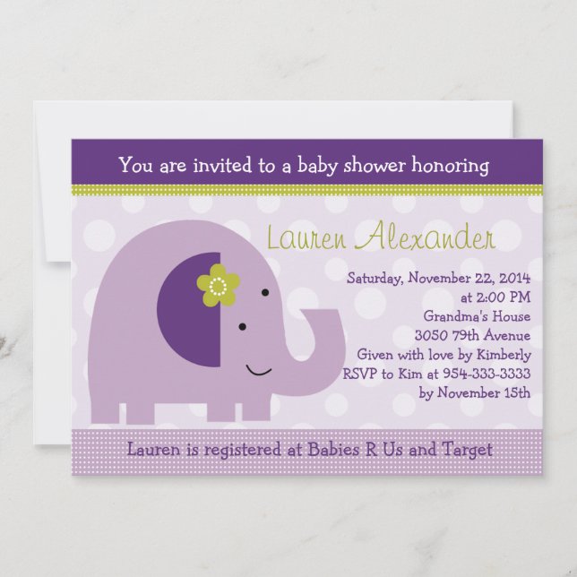 Lavender Elephant Baby Dusche Einladung (Vorderseite)