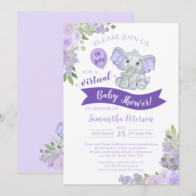 Lavender Elephant & Floral Virtual Baby Dusche Einladung (Vorne/Hinten)