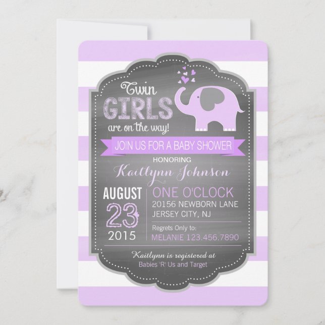 Lavender Elephant Stripe Twin Girls Baby Shower Einladung (Vorderseite)