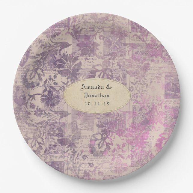 Lavender Ephemera Damask Wedding Pappteller (Vorderseite)