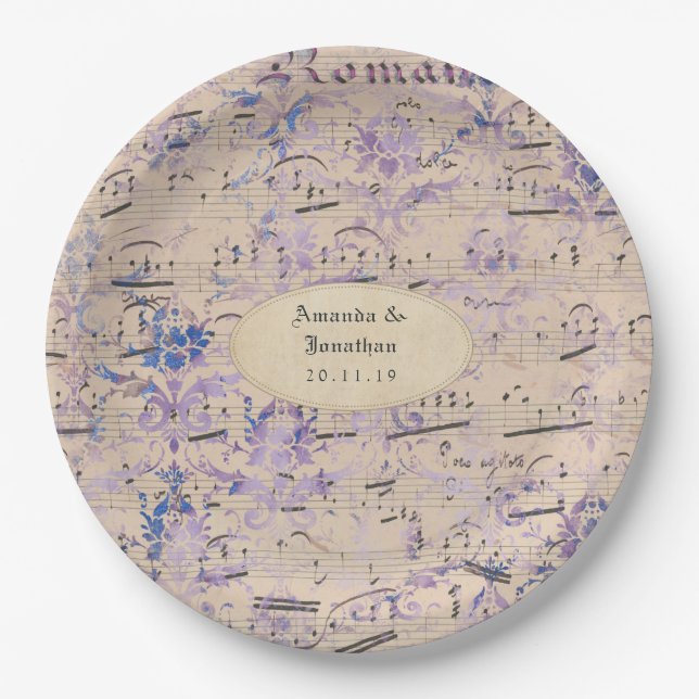 Lavender Ephemera Musiknotens Wedding Pappteller (Vorderseite)