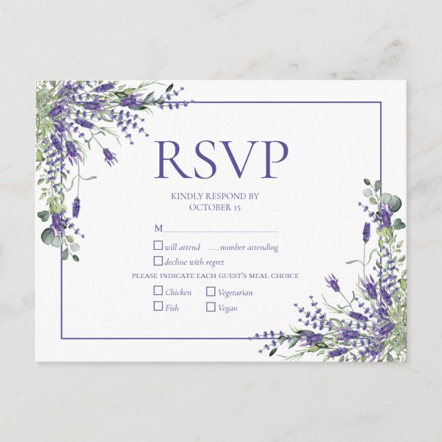 Lavender Eucalyptus Botanical Script Wedding RSVP Einladungspostkarte (Vorderseite)