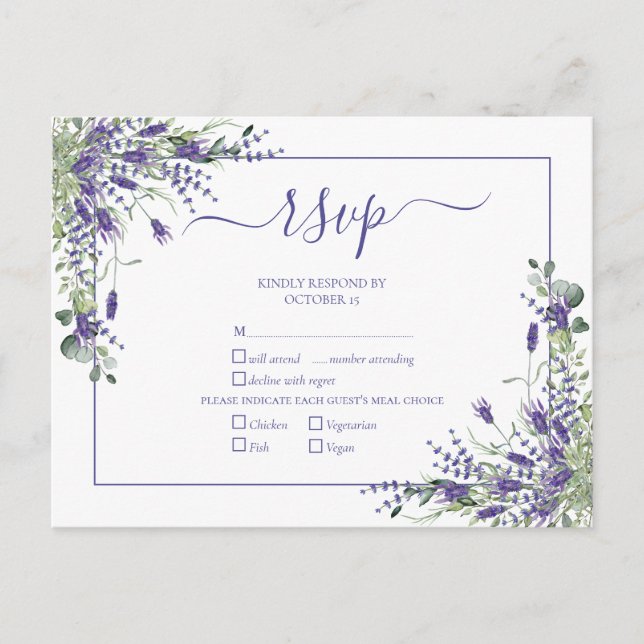 Lavender Eucalyptus Botanical Script Wedding RSVP Einladungspostkarte (Vorderseite)