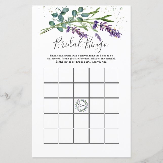 Lavender Eucalyptus Foliage Bridal Bingo Game (Vorderseite)
