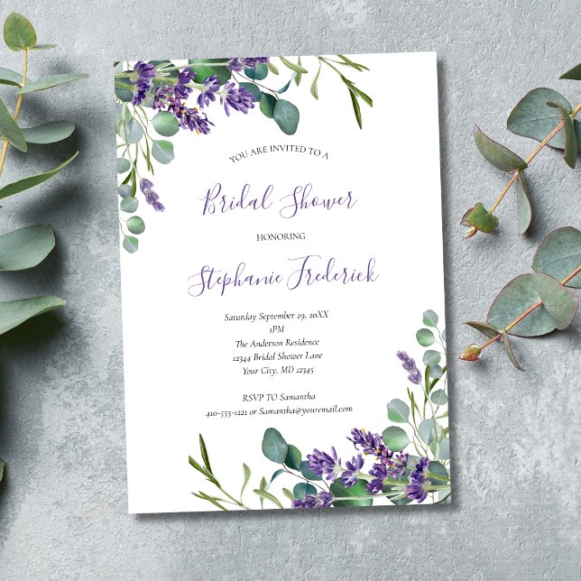 Lavender Eucalyptus Lila Grünes Brautparty Einladung (Lavender Eucalyptus Elegant Modern Bridal Shower Invitation, Printed and Digital Download)