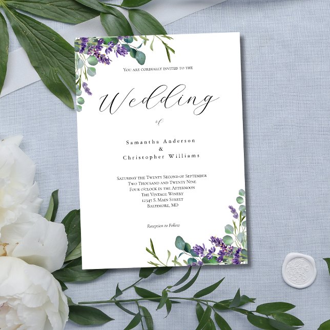 Lavender Eucalyptus Moderne Minimalistische Hochze Einladung (Lavender Eucalpytus Modern Minimalist Elegant Floral Botanical Wedding Invitation.)