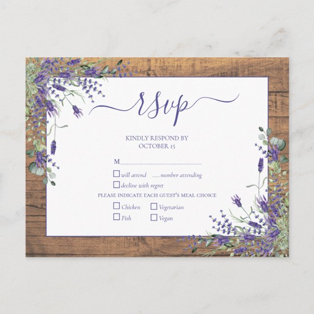 Lavender Eucalyptus Script Wood Wedding RSVP Einladungspostkarte (Vorderseite)