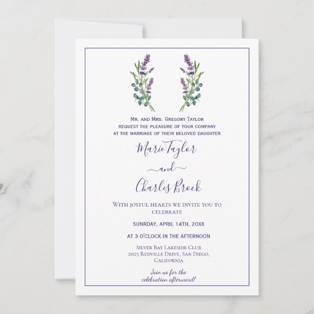 Lavender Eucalyptus Wedding Einladung (Vorderseite)