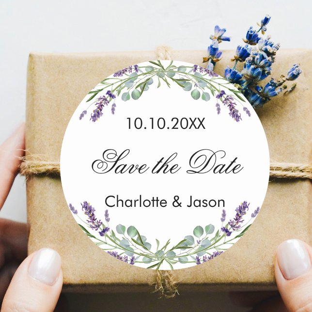 Lavender eucalyptus wedding Save the Date Runder Aufkleber (Von Creator hochgeladen)