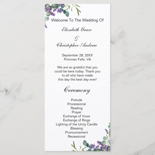 Lavender Eukalyptus Floral Botanische Hochzeit Menükarte (Vorderseite)
