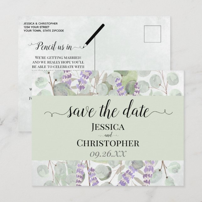 Lavender & Eukalyptus Green Wedding Speichern Sie  Ankündigungspostkarte (Vorne/Hinten)