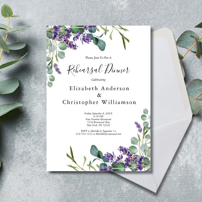 Lavender Eukalyptus Grüne Probe Abendessen Einladung (Lavender Eucalyptus Wedding Rehearsal Dinner Invitation. Elegant Watercolor Greenery)