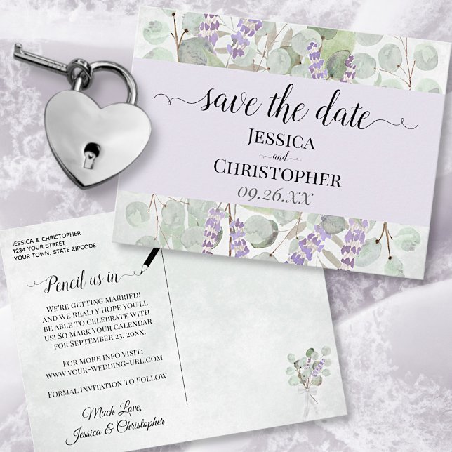 Lavender & Eukalyptus Lila Wedding Save the Date Ankündigungspostkarte (Front and Back)