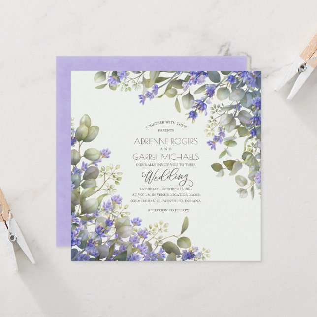 Lavender & Eukalyptus Square Wedding Einladung (Vorderseite/Rückseite Beispiel)