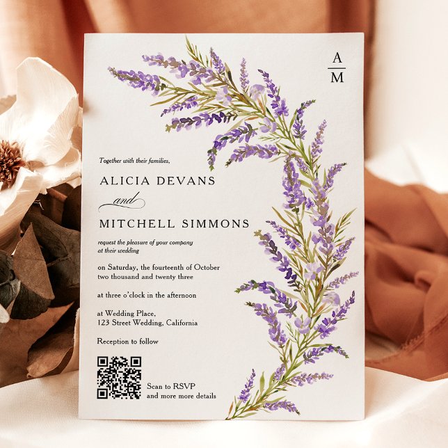 Lavender Fall autumn floral watercolor QR wedding  Einladung (Lavender Fall autumn floral watercolor QR wedding Invitation)