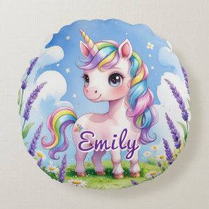 Lavender Field Unicorn Editable Name Round Coussin