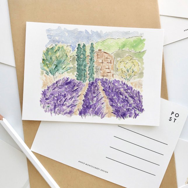 Lavender Fields France Watercolor Travel Postcard Einladungspostkarte (French lavender fields watercolor travel postcard.)