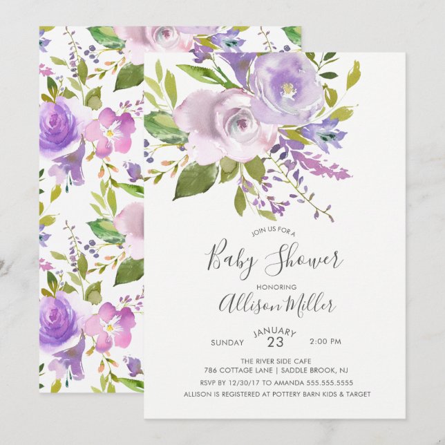 Lavender Floral Baby Dusche Einladung (Vorne/Hinten)