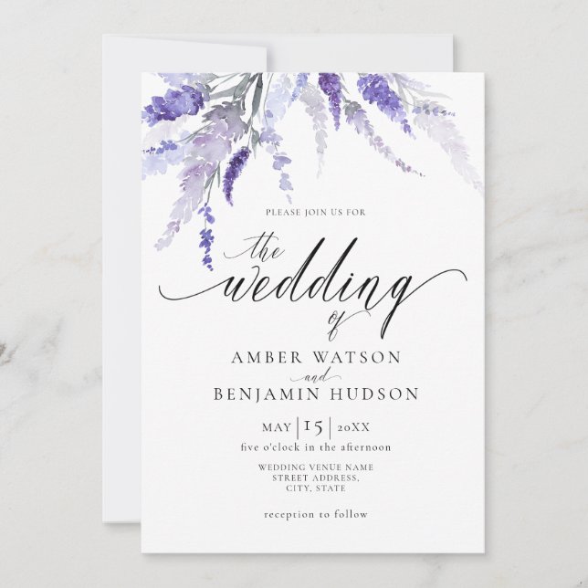 Lavender Floral Botanical Lilac Lila Hochzeit Einladung (Vorderseite)