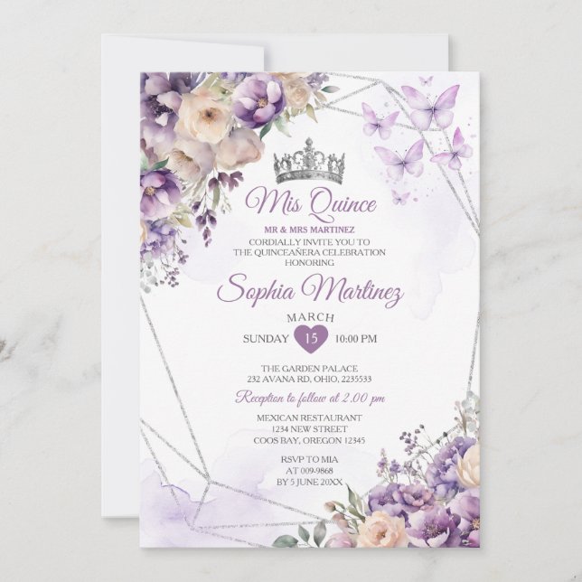 Lavender Floral Butterfly Lila Mis Quince Einladung (Vorderseite)