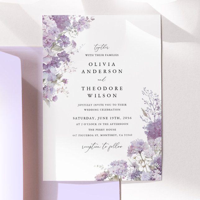 Lavender Floral Elegant Wedding Einladung (Lavender floral wedding invitation with hydrangea watercolor, elegant serif typography)