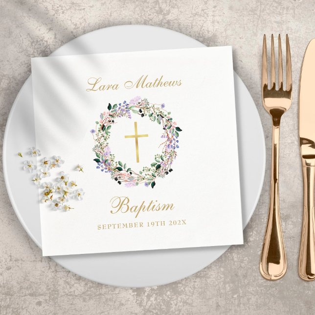 Lavender Floral Garland Gold Baptism Christening Serviette (Von Creator hochgeladen)