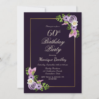Lavender Floral Gold Border Lila 60. Geburtstag Einladung