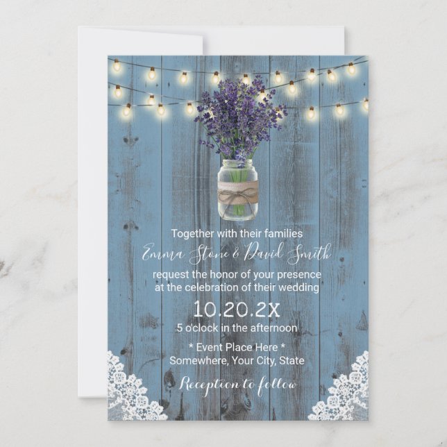 Lavender Floral Jar Dusty Blue Laced Barn Wedding Einladung (Vorderseite)