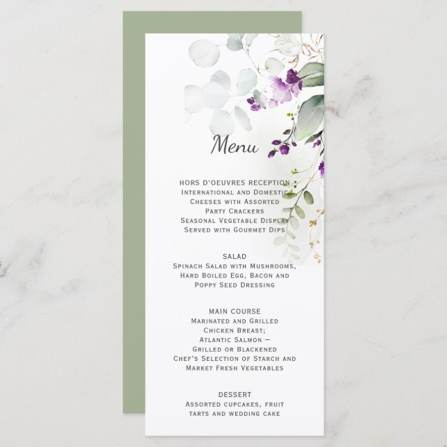 Lavender Floral Mariage Menu Vert Retour (Devant / Derrière)