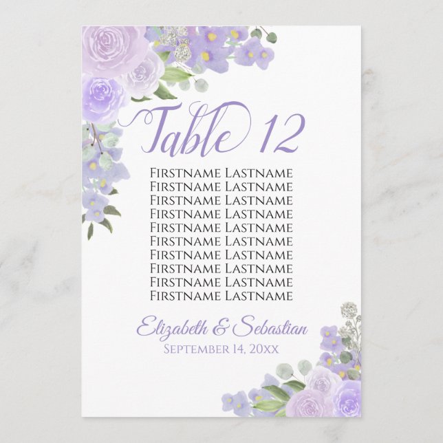 Lavender Floral Mariage Numéro de table & Noms Gra (Dos)