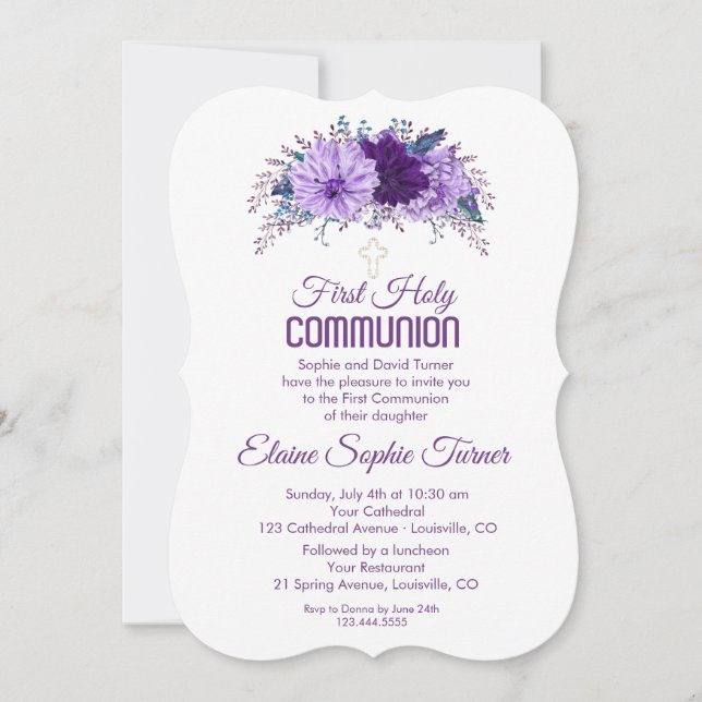 Lavender Floral Plum Lila Erste Heilige Kommune Einladung (Vorderseite)