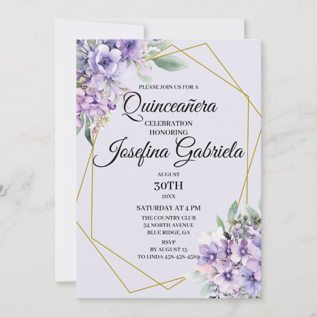 Lavender floral Quinceañera Invitation Einladung (Vorderseite)